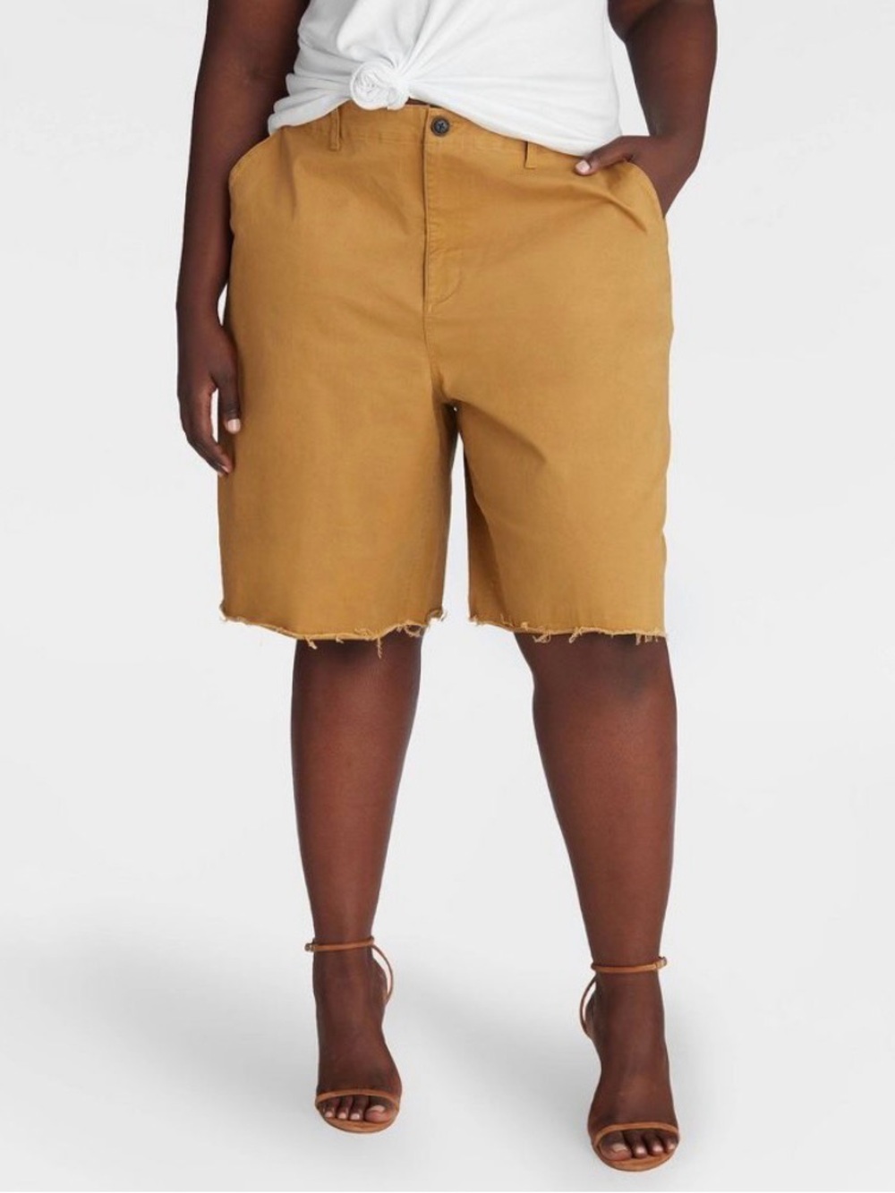 High-Rise Frayed Hem Bermuda Shorts in Camel